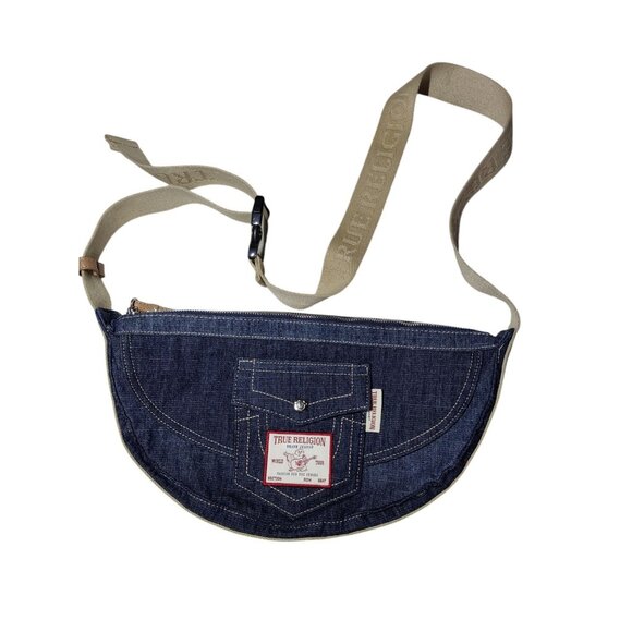 True Religion Semi-Circle Denim Crossbody Hobo Bag Purse Dark Wash NWOT - Picture 1 of 9